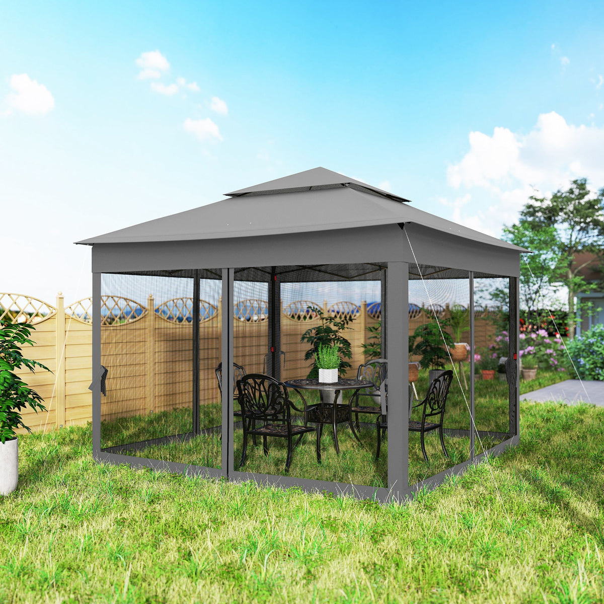 11' x 11' Pop-Up Canopy with 2-Tier Soft Top and Zipper Netting, Dark Grey