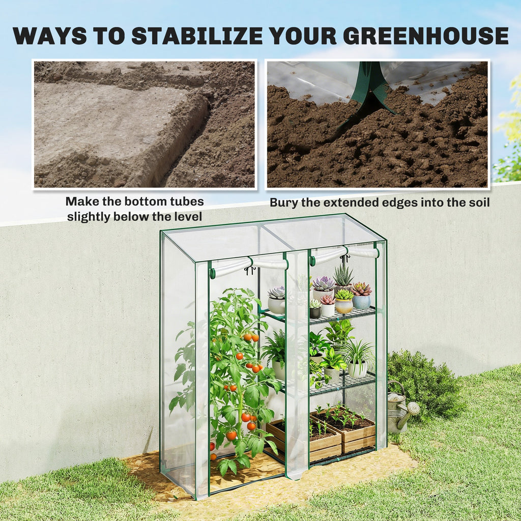 Mini Greenhouse with 3 Shelves and 2 Roll-up Doors, 56.3" x 17.7" x 59.4"