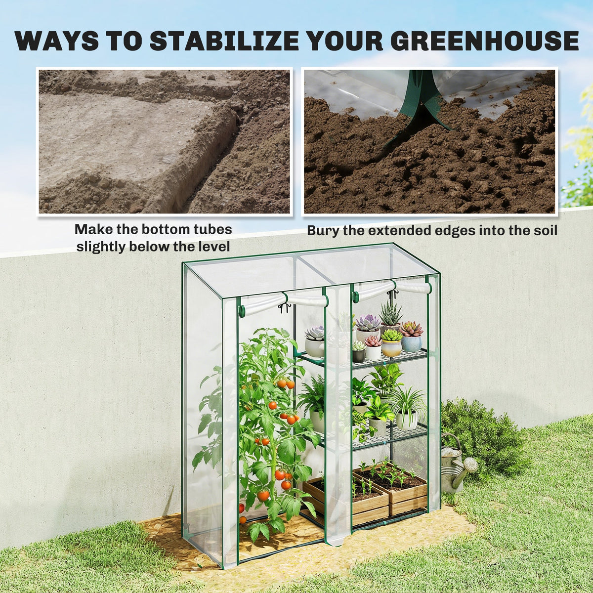 Mini Greenhouse with 3 Shelves and 2 Roll-up Doors, 56.3" x 17.7" x 59.4"