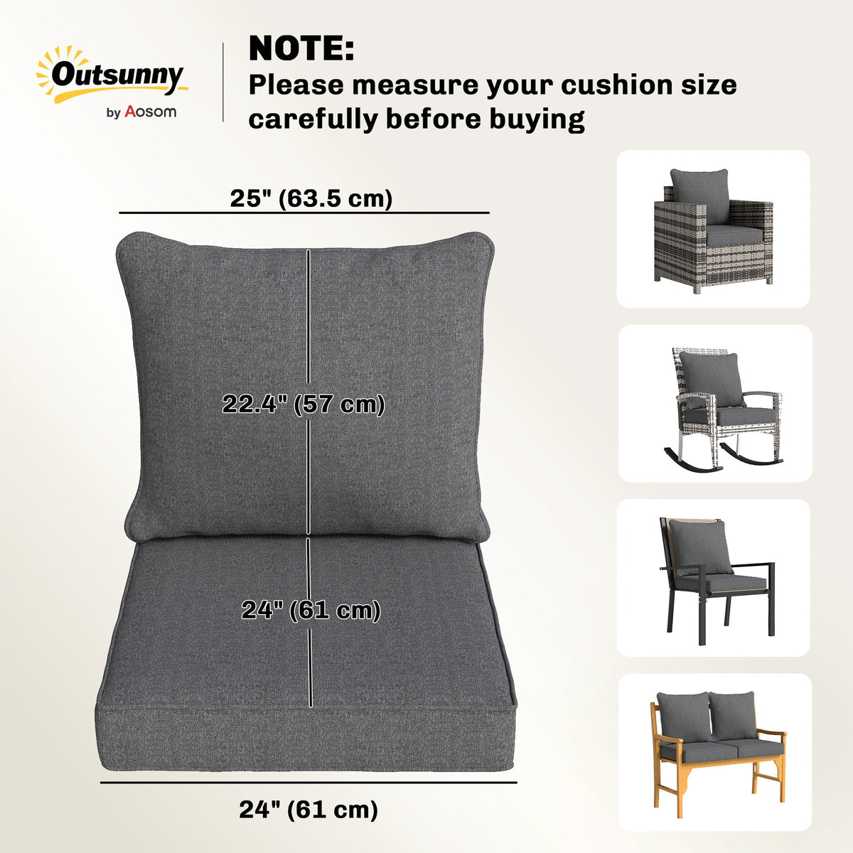 Set of 4 Outdoor Chair Cushions, 24" x 24", Grey