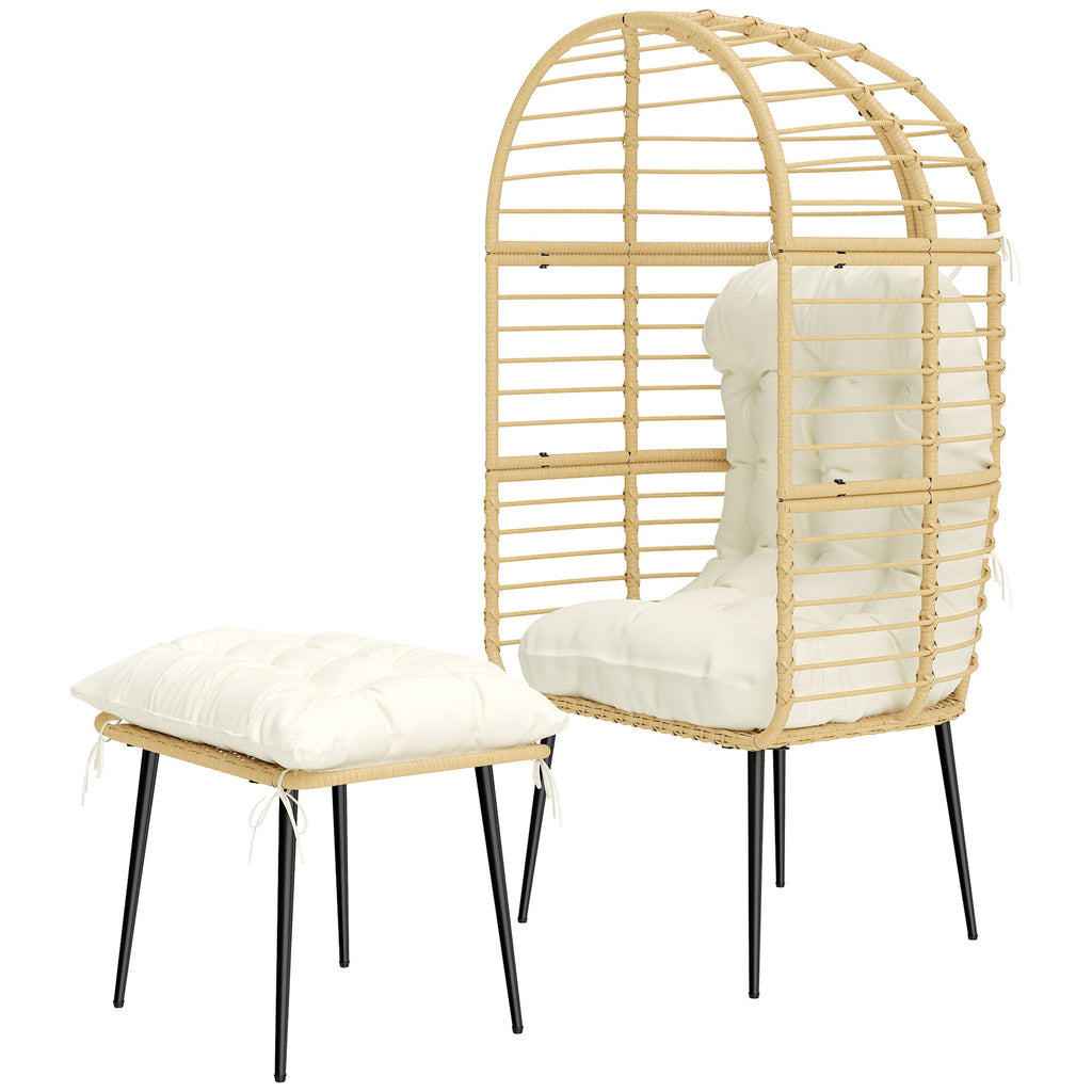 Standing Egg Chair with Footstool, PE Rattan Egg Chair with Cushions, Beige
