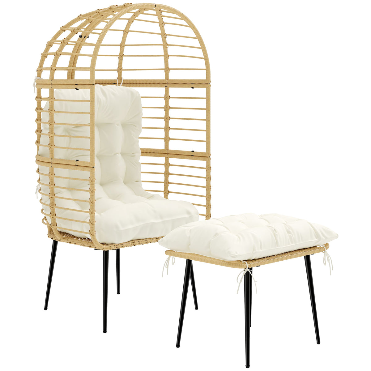 Standing Egg Chair with Footstool, PE Rattan Egg Chair with Cushions, Beige