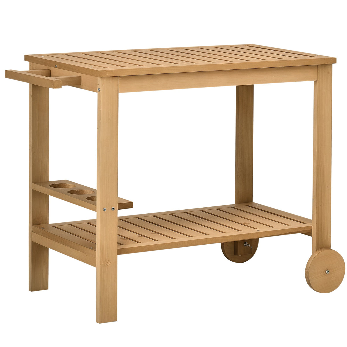 Wood Outdoor Bar Cart with 2 Shelves and Wine Holders, Natural