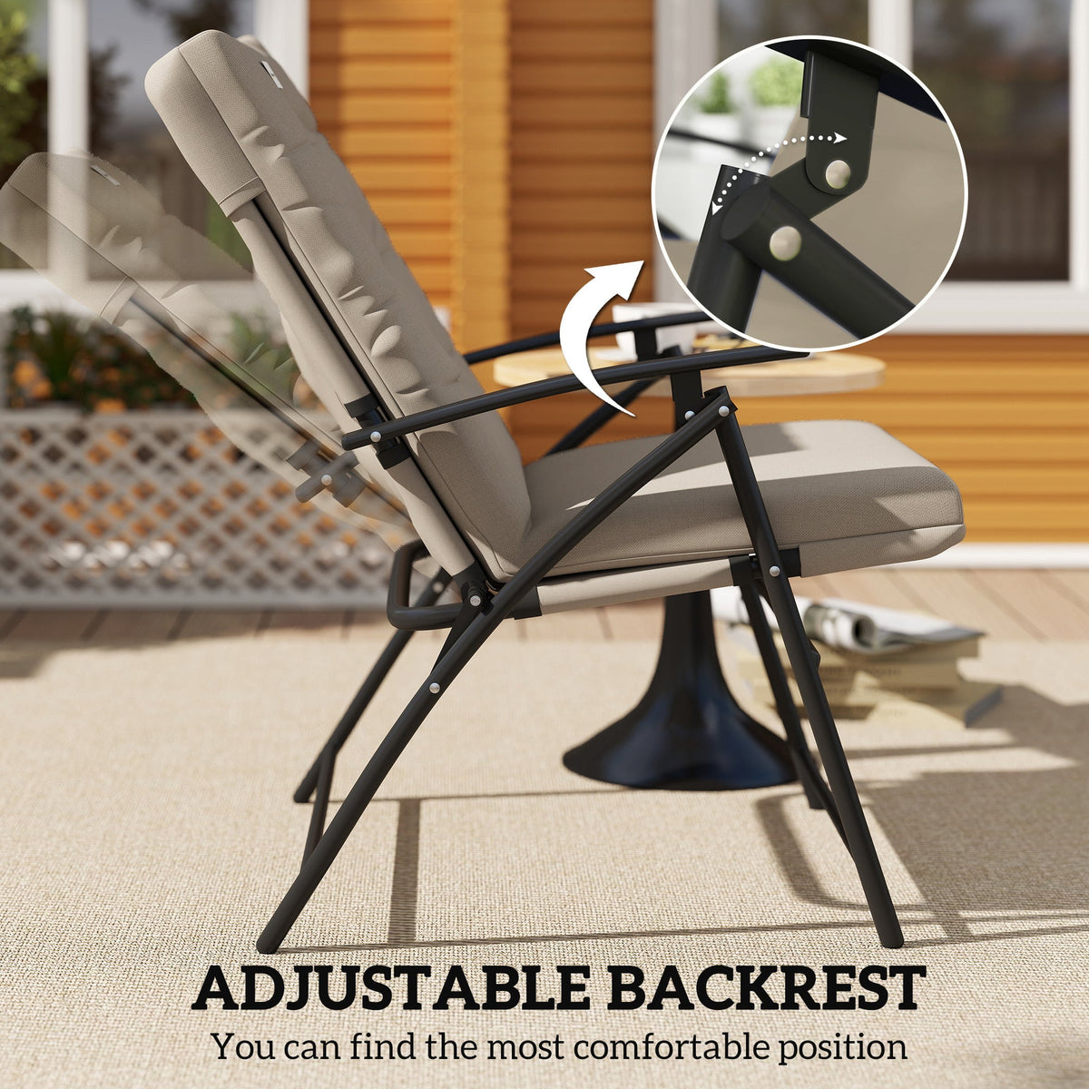 Set of 2 Folding Outdoor Dining Chairs with Adjustable Backrest, Khaki