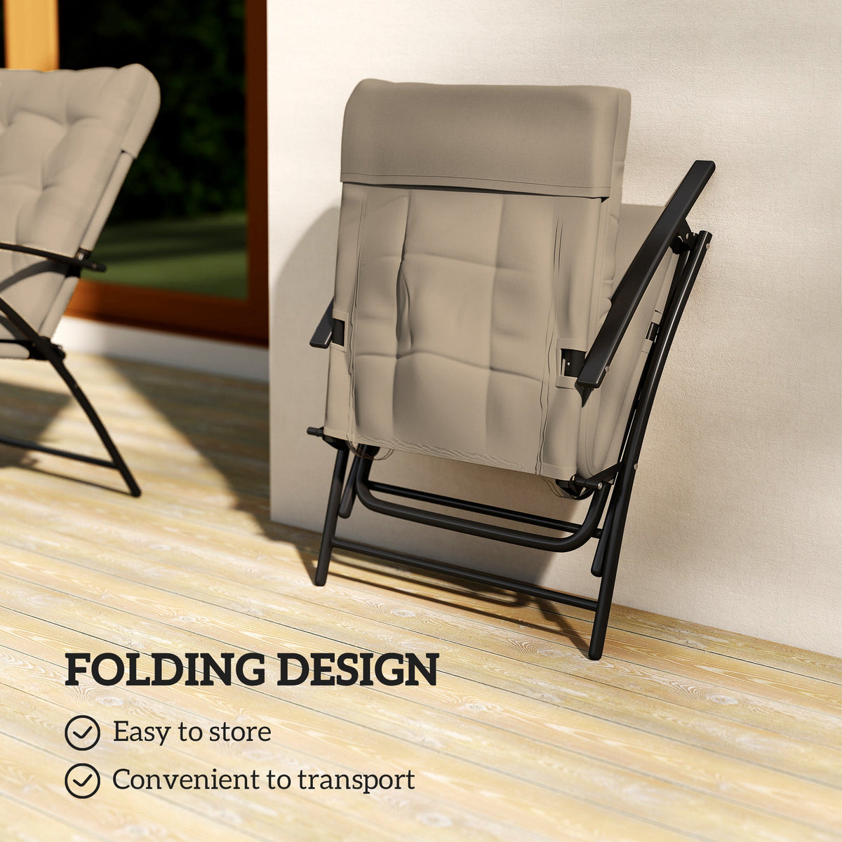 Set of 2 Folding Outdoor Dining Chairs with Adjustable Backrest, Khaki