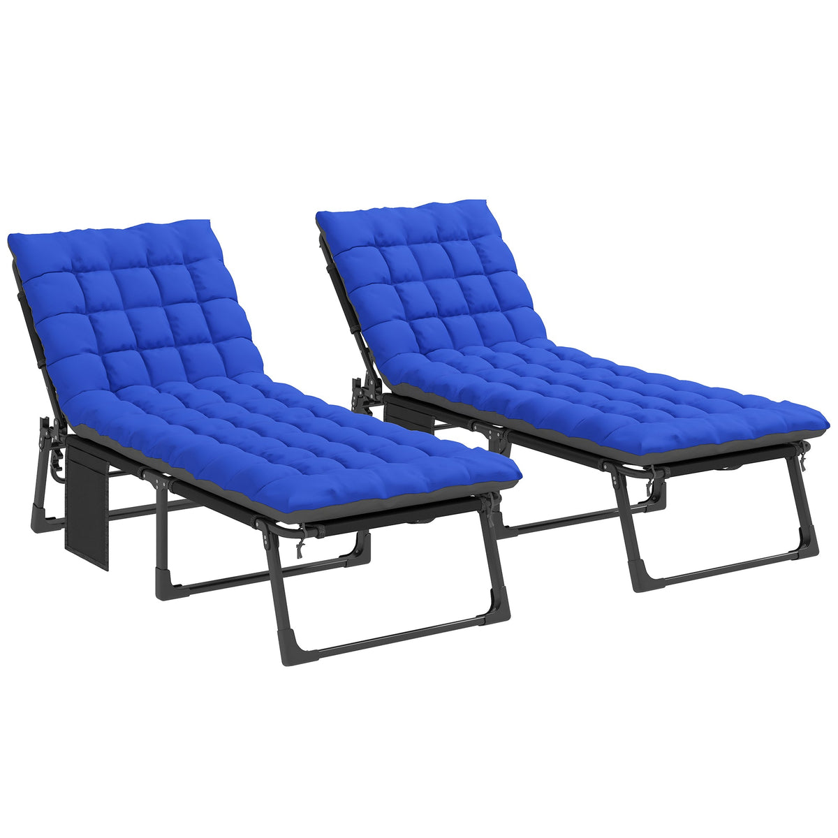 2 Piece Reclining Outdoor Chaise Lounge Chairs with Cushions, Dark Gray/Blue