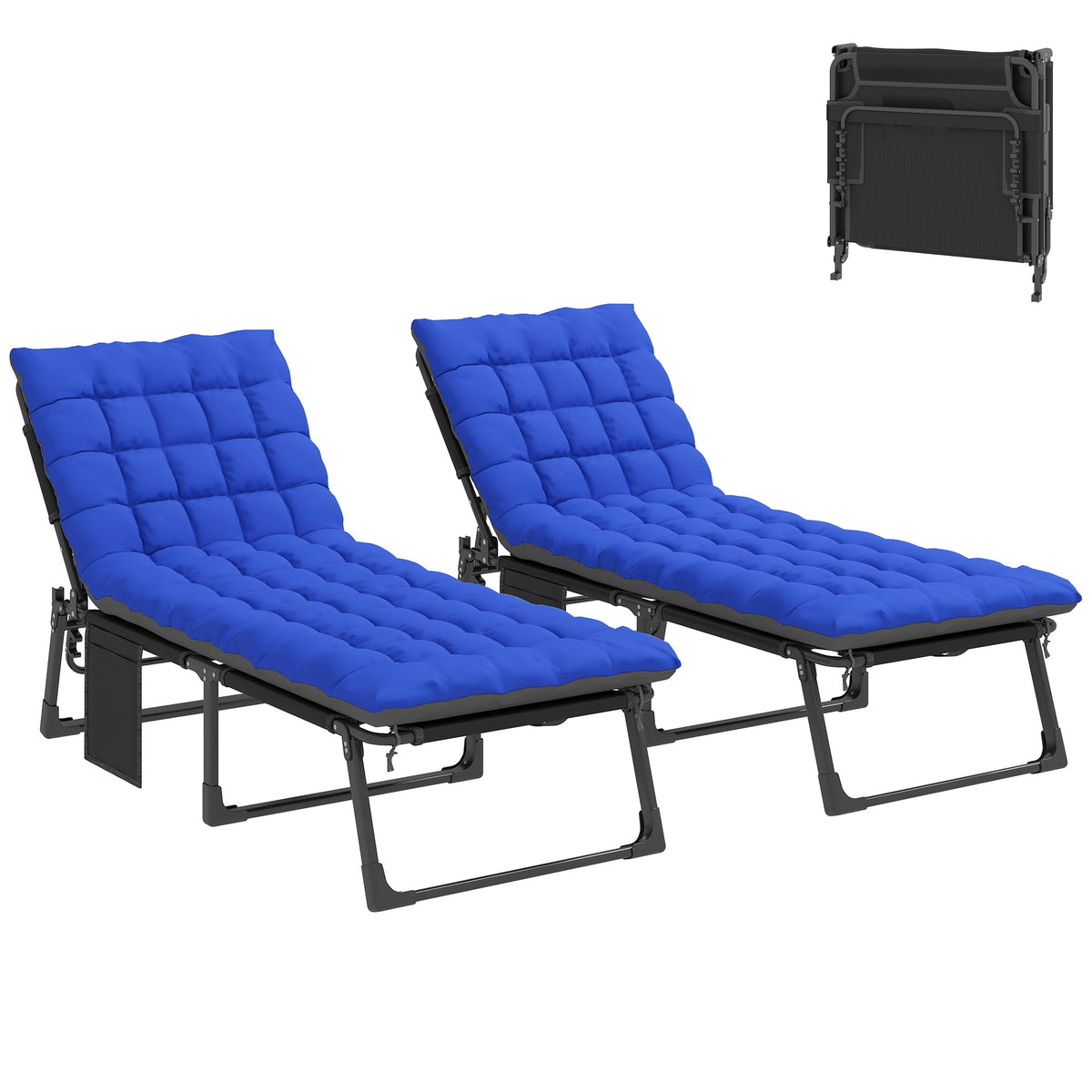 2 Piece Reclining Outdoor Chaise Lounge Chairs with Cushions, Dark Gray/Blue
