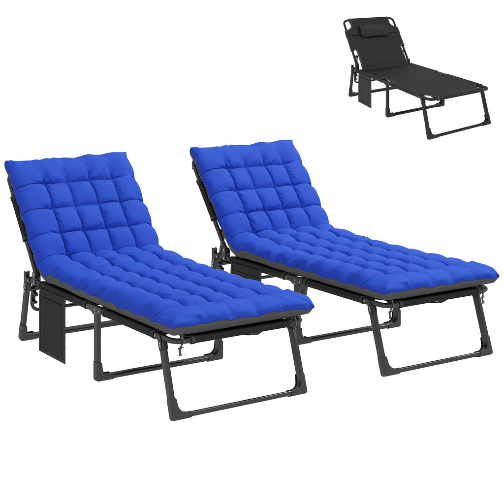 2 Piece Reclining Outdoor Chaise Lounge Chairs with Cushions, Dark Gray/Blue
