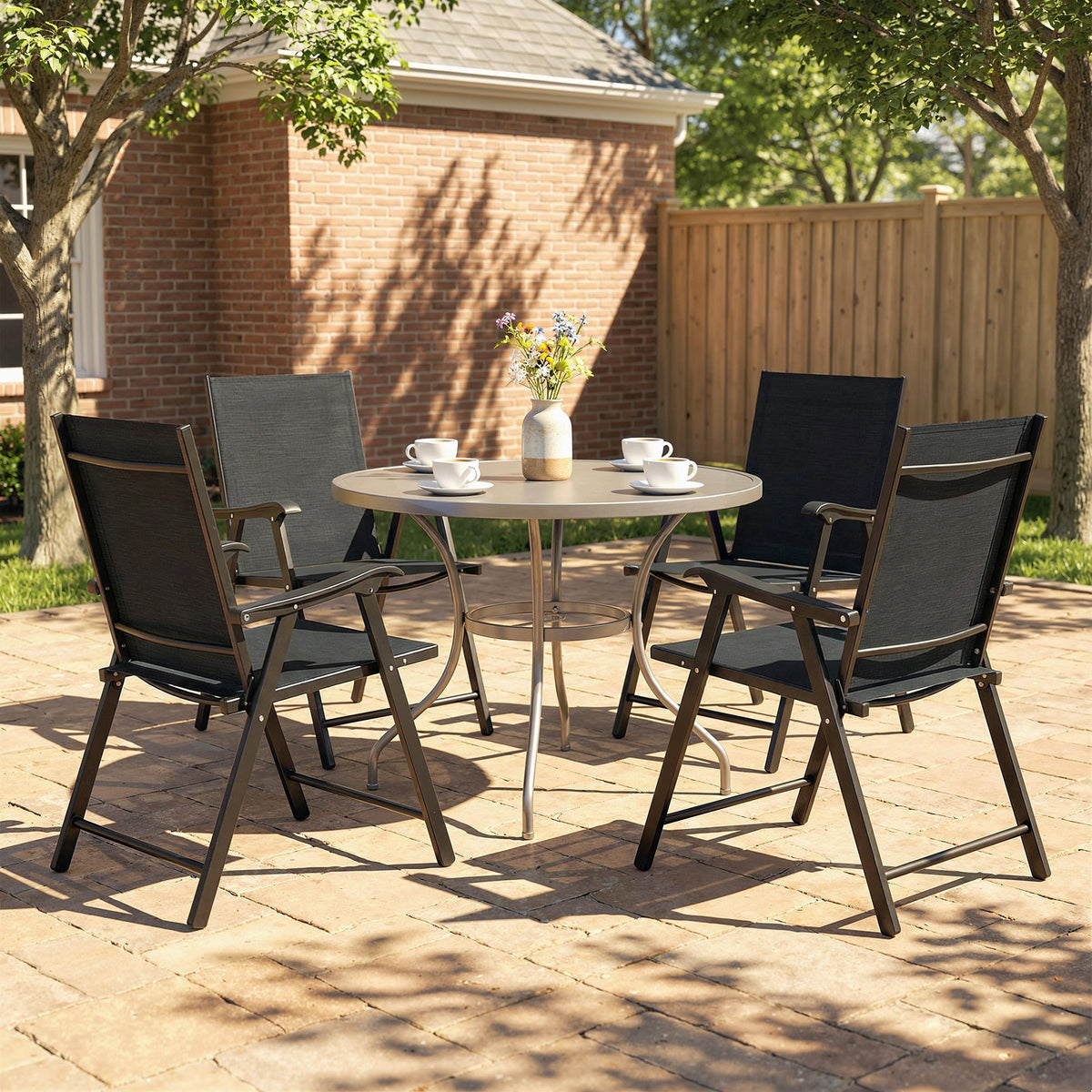 Set of 4 Folding Garden Chairs with High Back and Armrests, Black