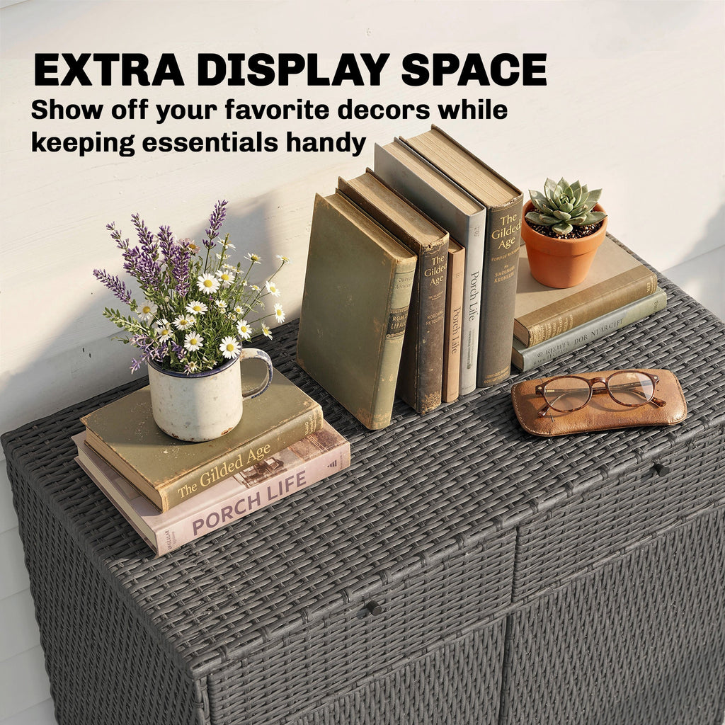 Wicker Outdoor Storage Cabinet with 2 Drawers and 2-Tier Shelves, Dark Grey