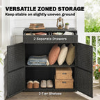 Wicker Outdoor Storage Cabinet with 2 Drawers and 2-Tier Shelves, Dark Grey