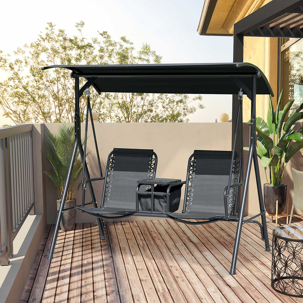 2 Person Porch Swing with Pivot Table, Cup Holder and Canopy, Black