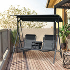 2 Person Porch Swing with Pivot Table, Cup Holder and Canopy, Black
