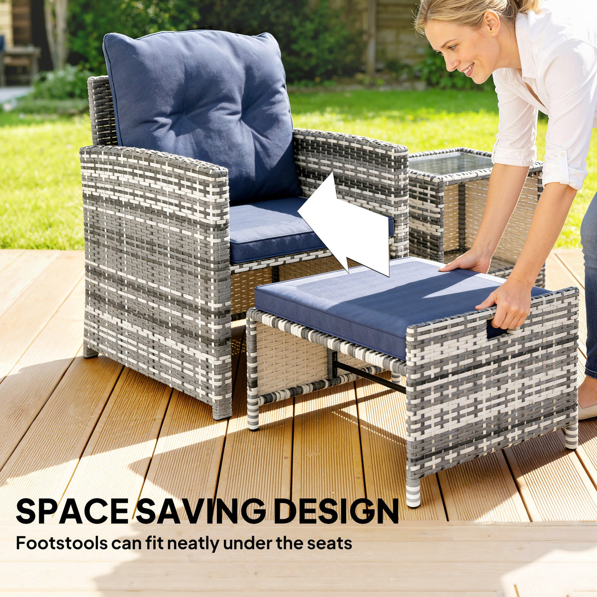 5-Piece Rattan Patio Set with Ottomans & 2-Tier Glass Table, Grey/Dark Blue