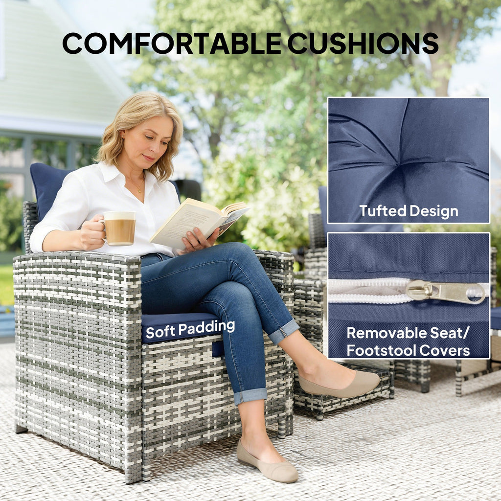 5-Piece Rattan Patio Set with Ottomans & 2-Tier Glass Table, Grey/Dark Blue