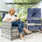5-Piece Rattan Patio Set with Ottomans & 2-Tier Glass Table, Grey/Dark Blue