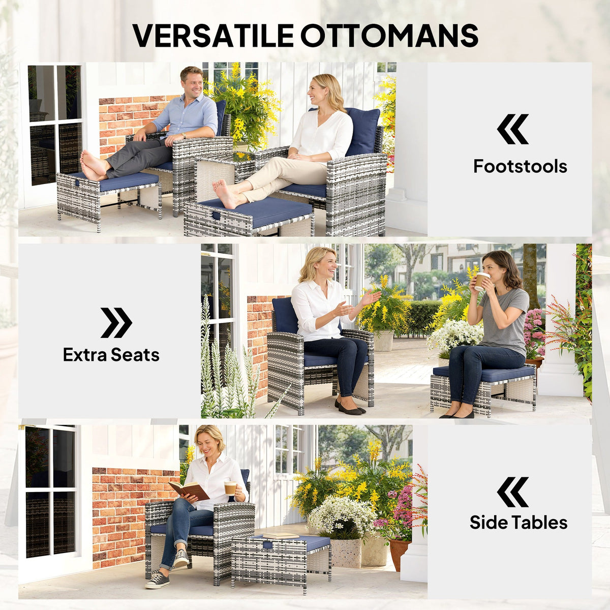 5-Piece Rattan Patio Set with Ottomans & 2-Tier Glass Table, Grey/Dark Blue