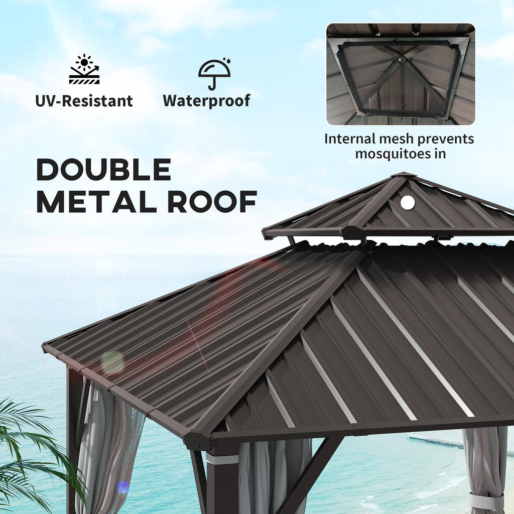3 x 3 m Hardtop Gazebo with Double Metal Roof, Netting & Curtains, Grey
