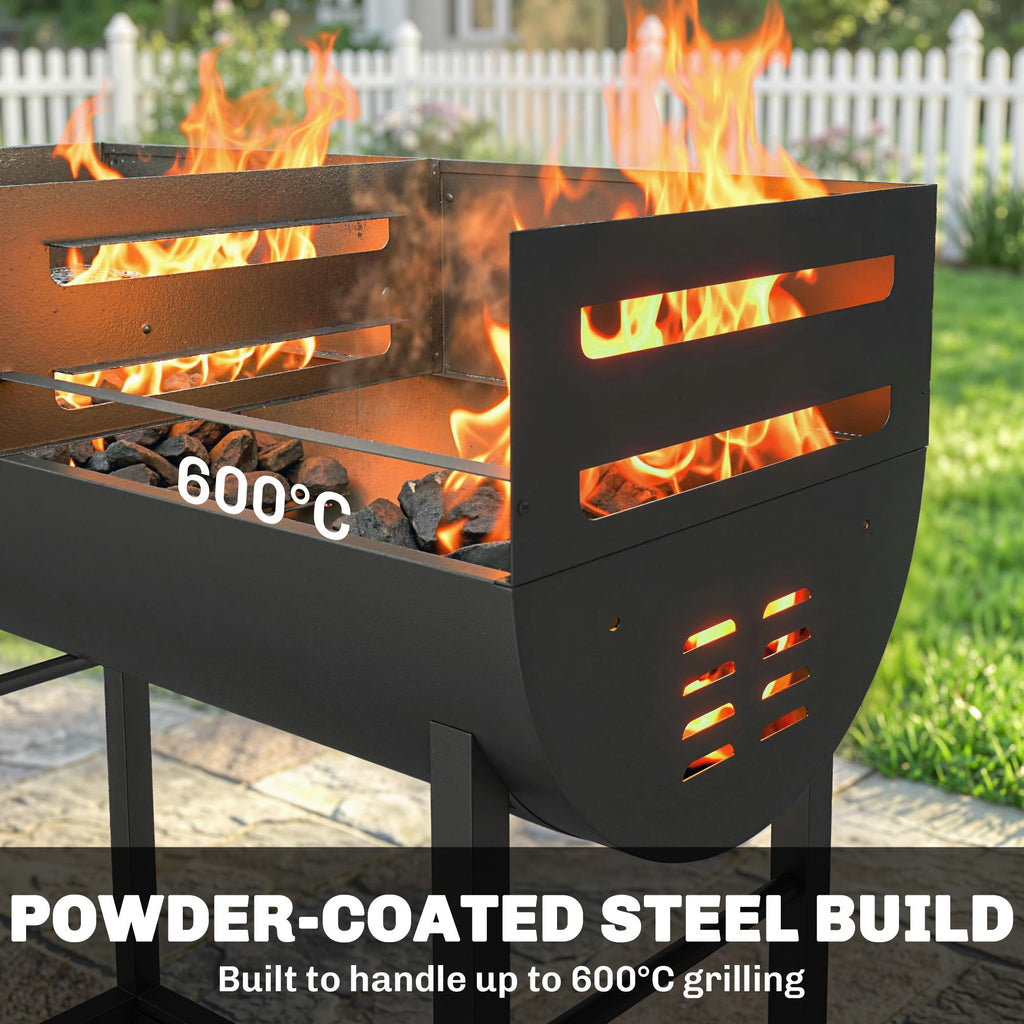 Charcoal BBQ Trolley, Metal 2-Zone Grill on Wheels, Adjustable Grates, Black