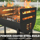 Charcoal BBQ Trolley, Metal 2-Zone Grill on Wheels, Adjustable Grates, Black