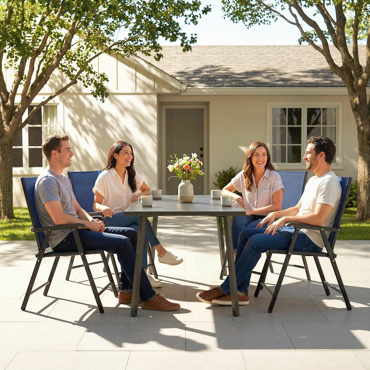 Set of 4 Folding Garden Chairs with High Back and Armrests, Navy Blue