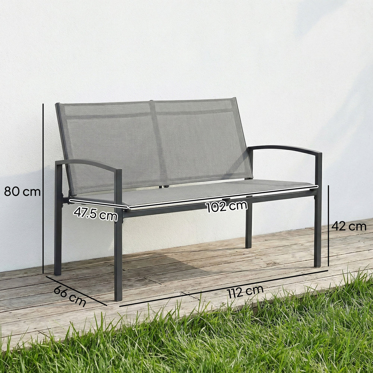 2 Seater Metal Garden Bench with Texteline Seat, Grey