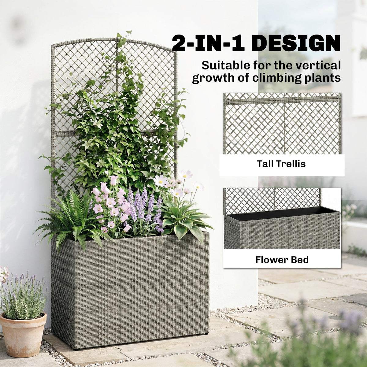 Rattan Planter with Trellis for Climbing Plants, 80 x 30 x 163 cm, Dark Grey