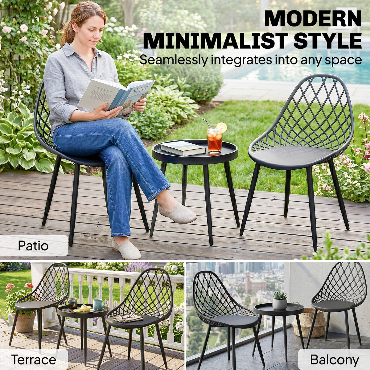 3-Piece Outdoor Bistro Set, 2 Chairs & Round Table, Weatherproof Metal, Black