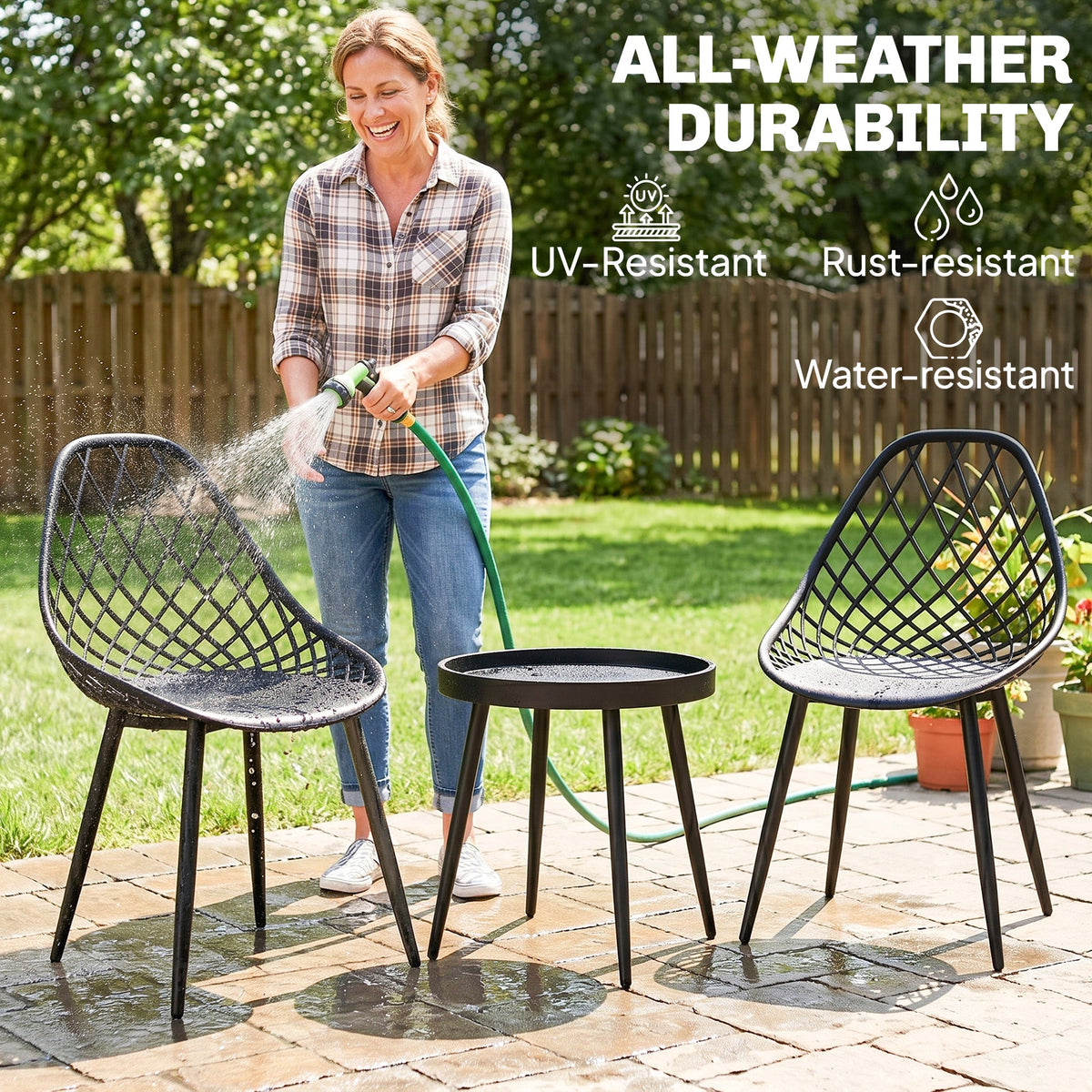 3-Piece Outdoor Bistro Set, 2 Chairs & Round Table, Weatherproof Metal, Black