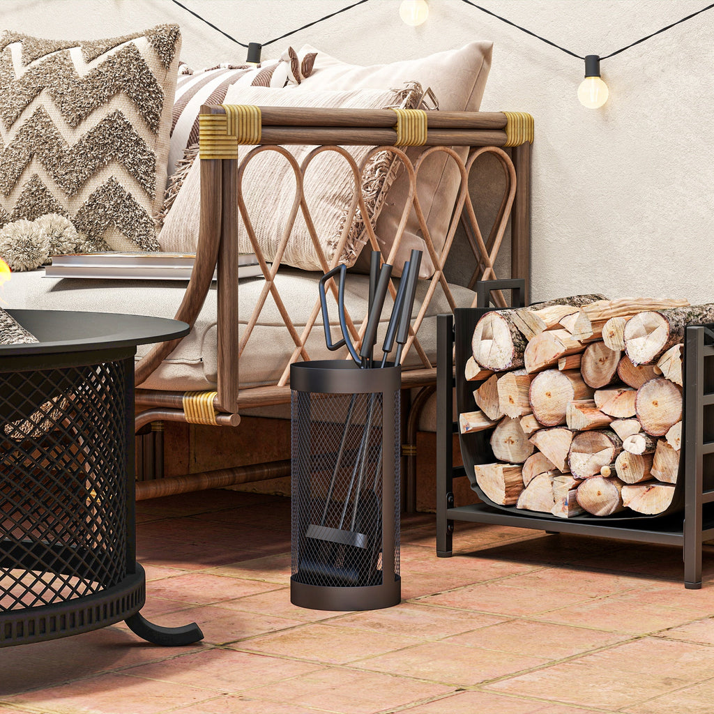 5-Piece Metal Fireplace Tool Set with Brush, Shovel, Poker, Tongs & Mesh Basket, Black