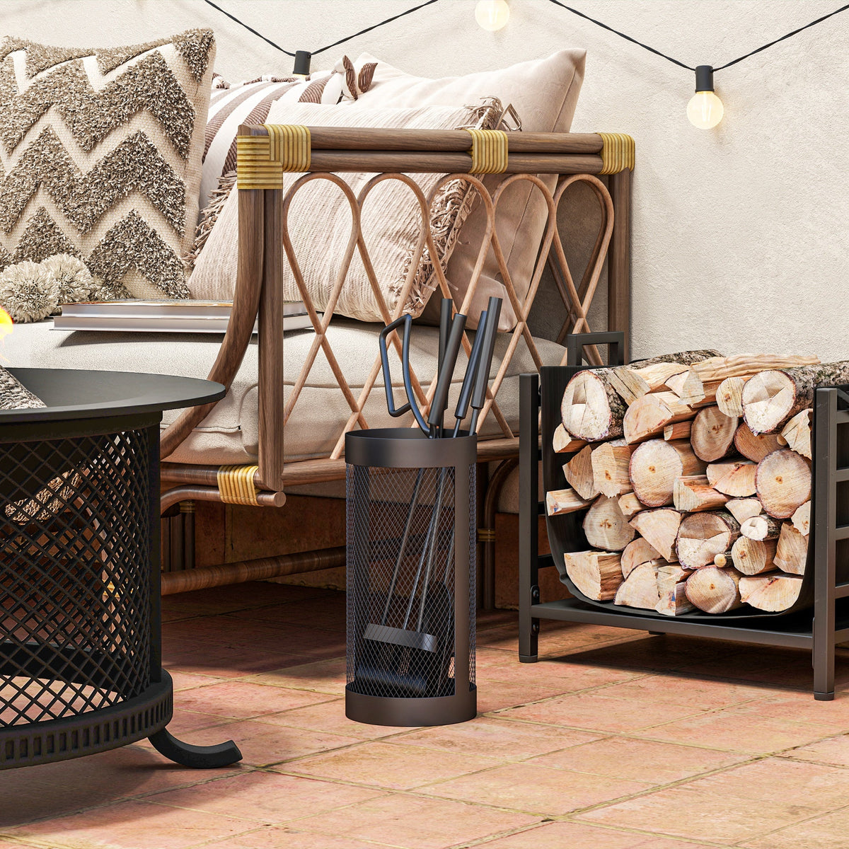 5-Piece Metal Fireplace Tool Set with Brush, Shovel, Poker, Tongs & Mesh Basket, Black