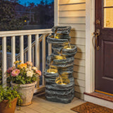 6-Tier Resin Rock Garden Fountain with Cascading Waterfall and LED Lights, Grey