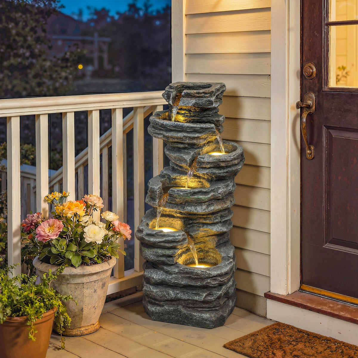6-Tier Resin Rock Garden Fountain with Cascading Waterfall and LED Lights, Grey