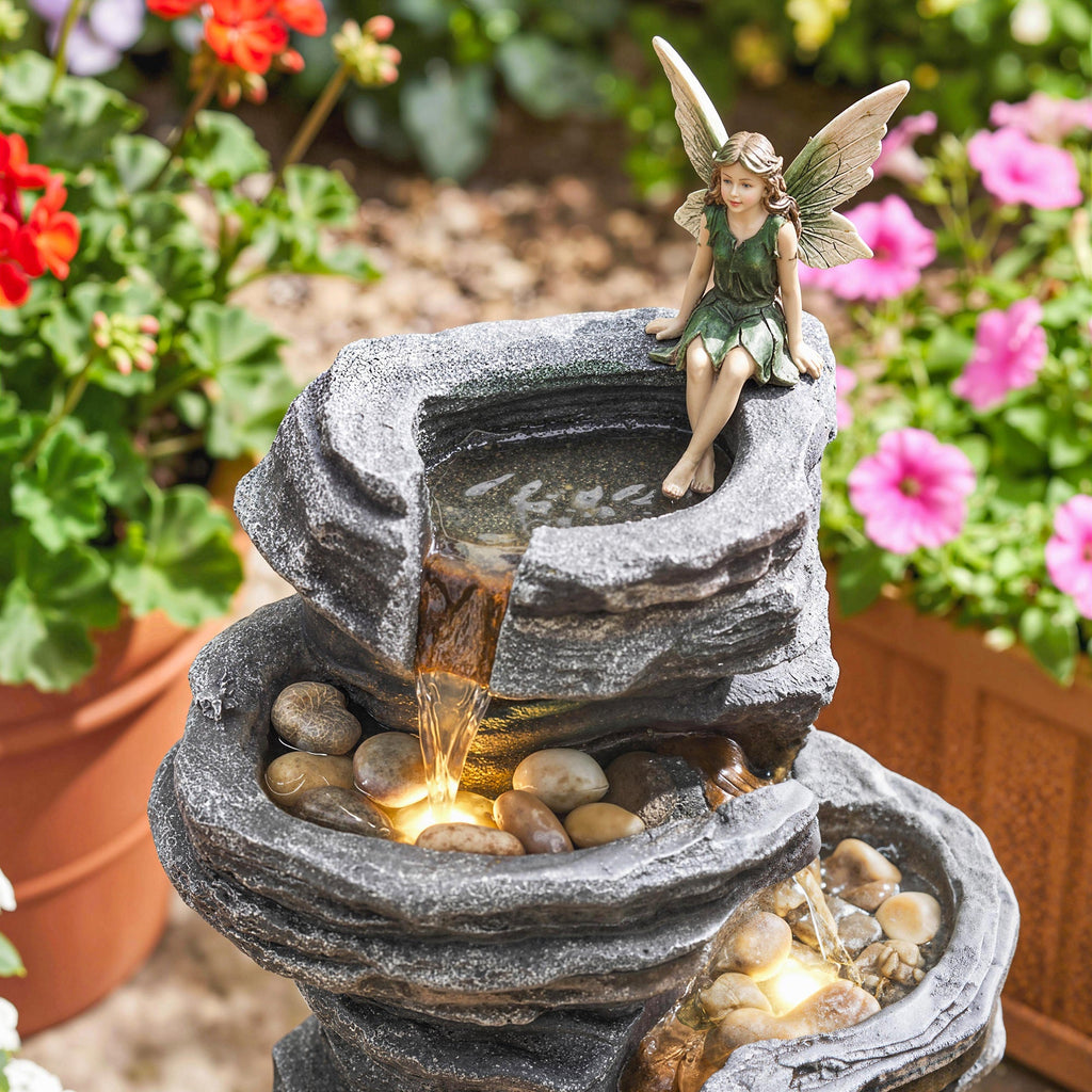 6-Tier Resin Rock Garden Fountain with Cascading Waterfall and LED Lights, Grey