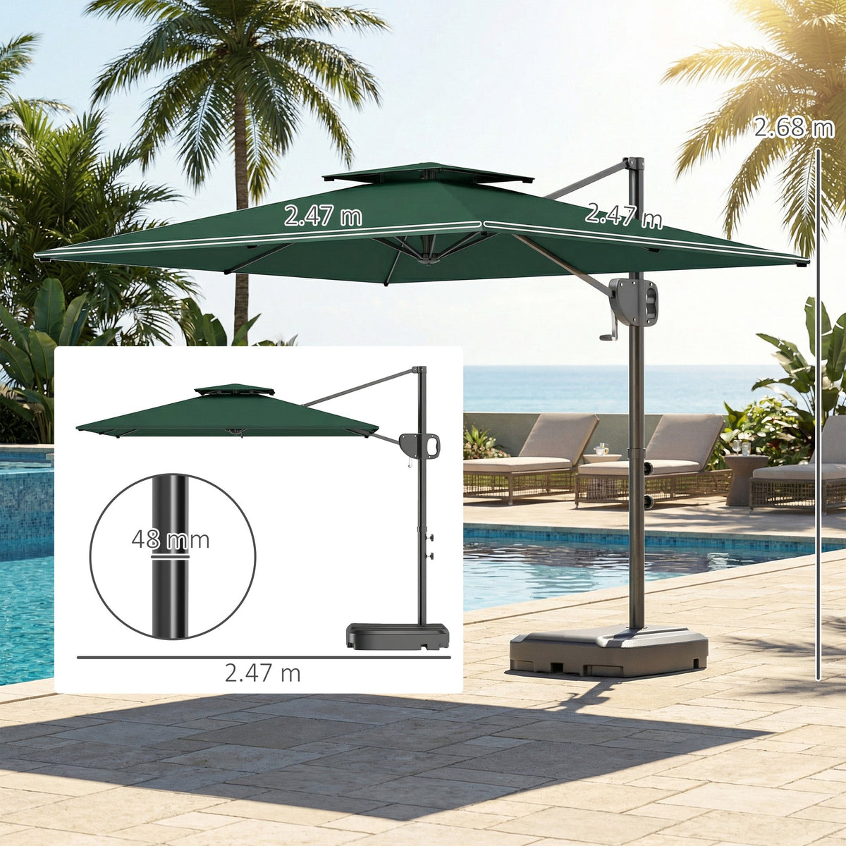 2.5 m Cantilever Parasol with Fillable Base and Double Top, Dark Green