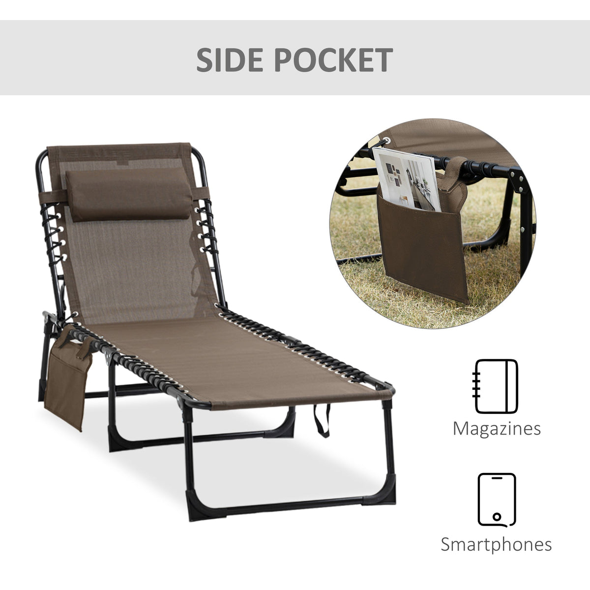 Folding Lounge Chair with Adjustable Backrest and Pillow, Brown