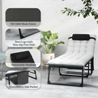 Set of 2 Folding Lounge Chairs with Cushion and Side Pocket, Black/Grey