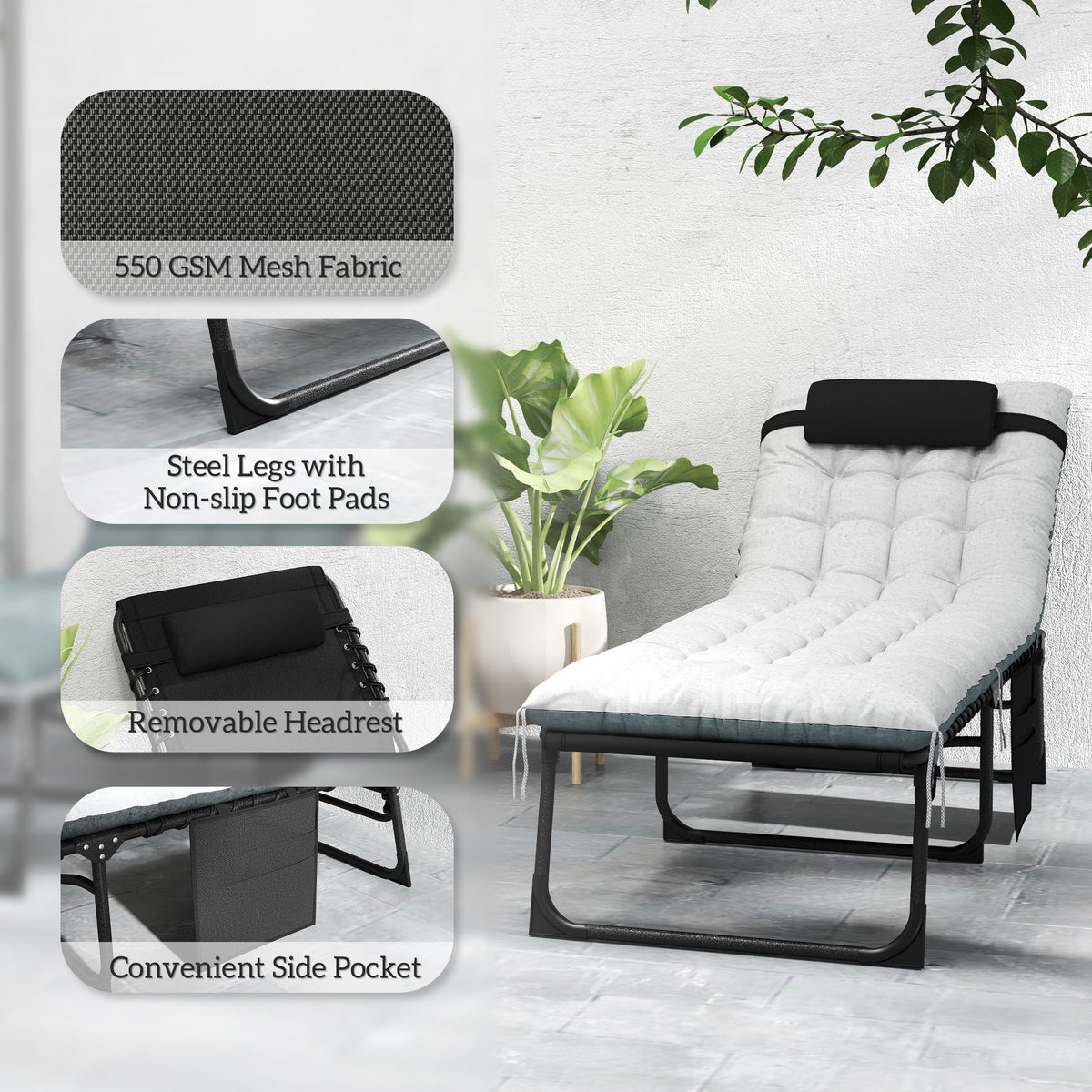 Set of 2 Folding Lounge Chairs with Cushion and Side Pocket, Black/Grey