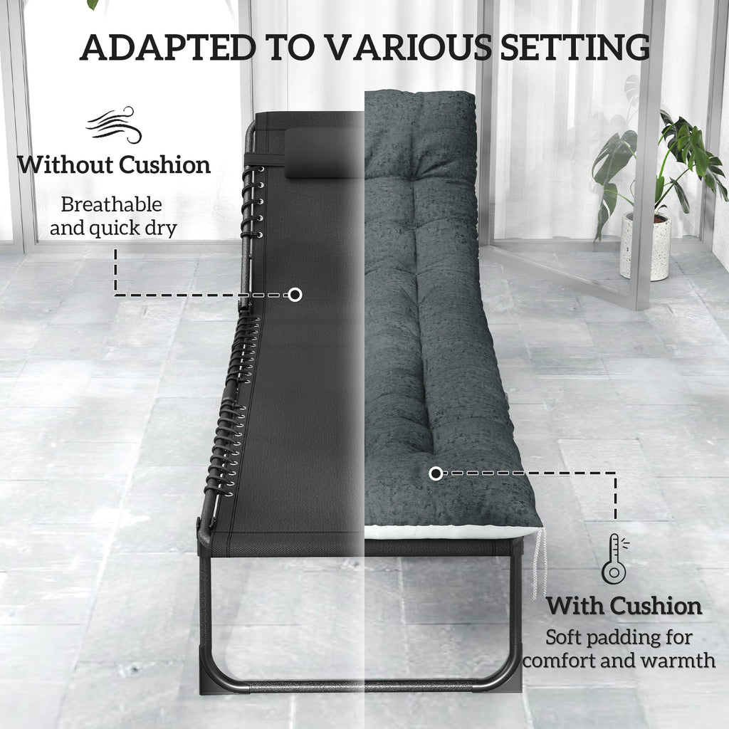 Set of 2 Folding Lounge Chairs with Cushion and Side Pocket, Black/Grey