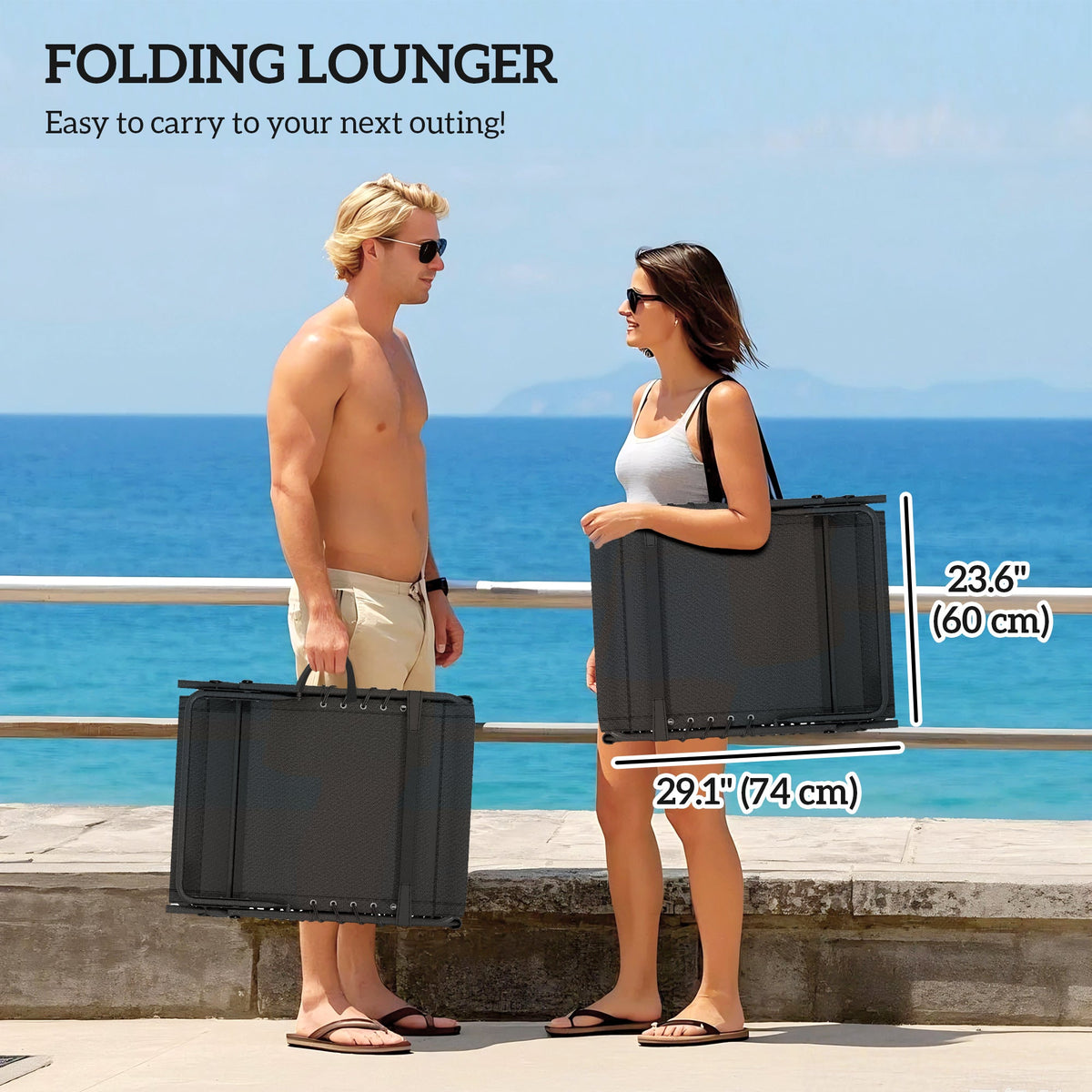 Set of 2 Folding Lounge Chairs with Cushion and Side Pocket, Black/Grey
