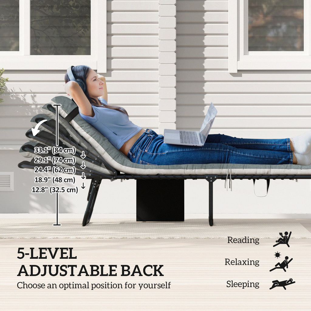 Set of 2 Folding Lounge Chairs with Cushion and Side Pocket, Black/Grey