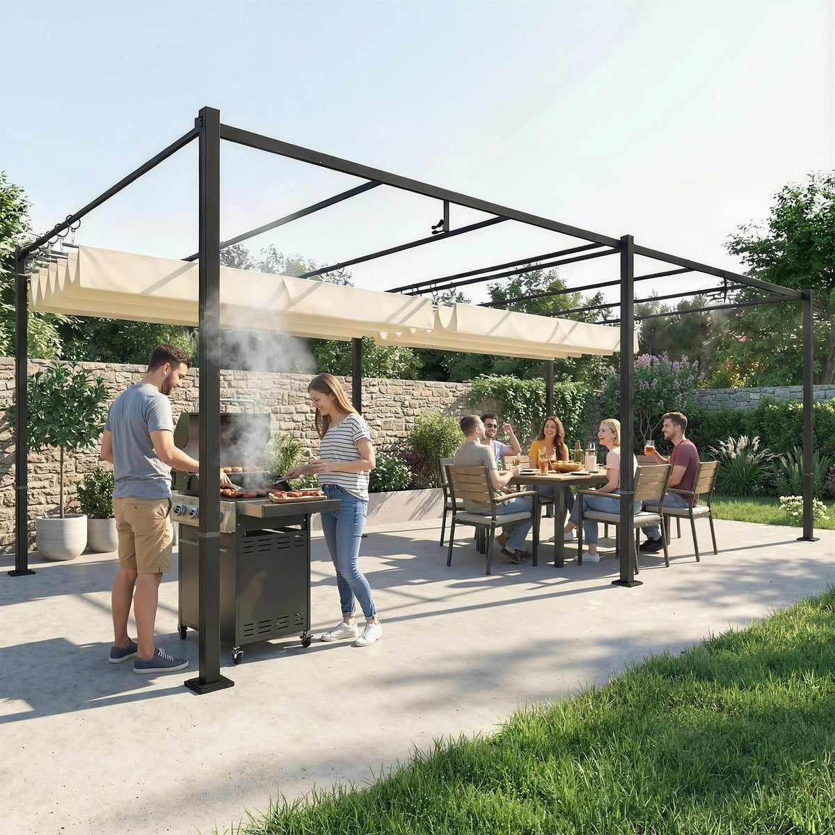 19' x 10' Pergola with Retractable Canopy, Cream White