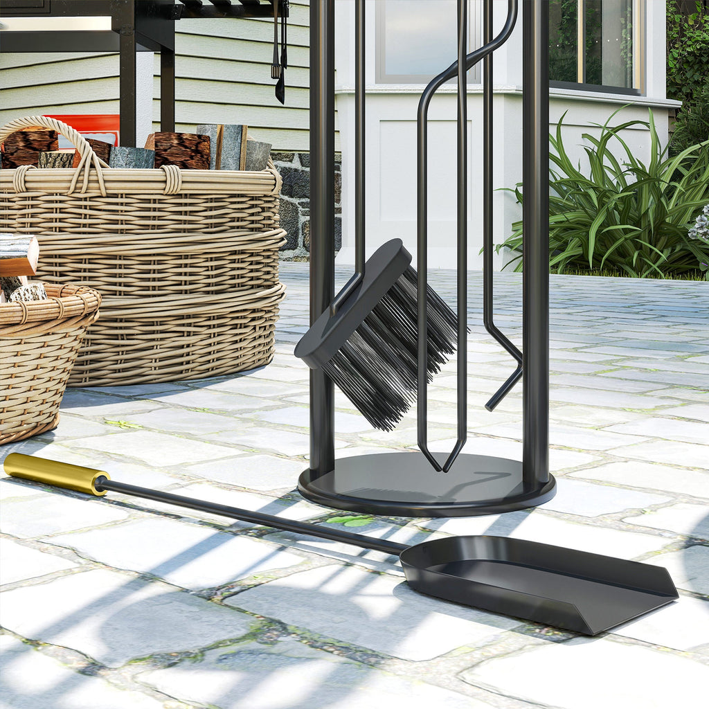 5-Piece Metal Fireplace Tool Set with Brush, Shovel, Poker, Tongs & Stand, Gold Finish