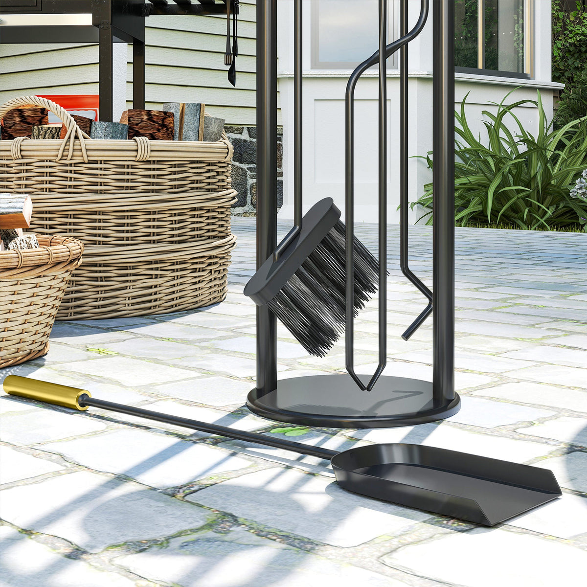 5-Piece Metal Fireplace Tool Set with Brush, Shovel, Poker, Tongs & Stand, Gold Finish
