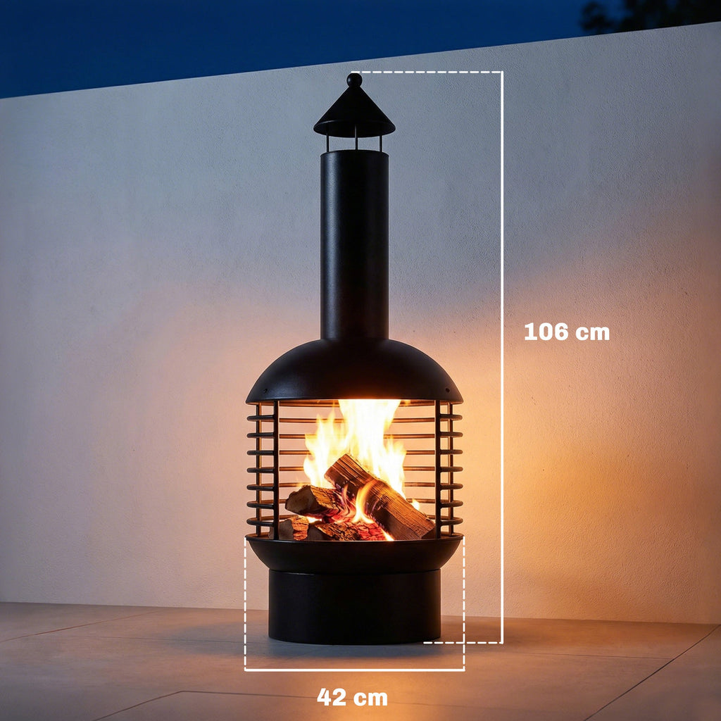 Chimney Fire Pit with Poker and Charcoal Grid, Black