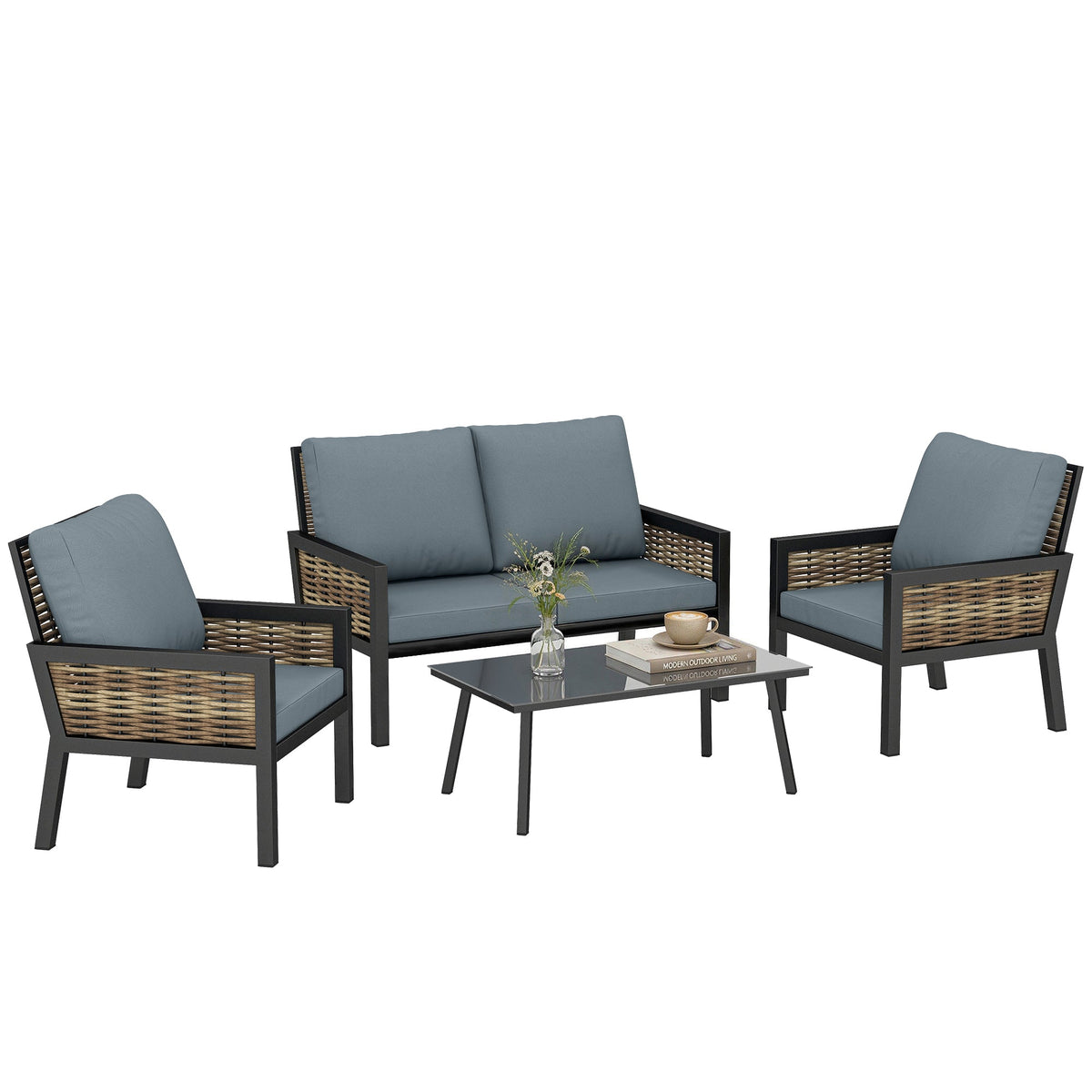 4-Seater Rattan Sofa Set with Cushions, Loveseat, 2 Armchairs & Coffee Table Grey