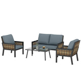 4-Seater Rattan Sofa Set with Cushions, Loveseat, 2 Armchairs & Coffee Table Grey
