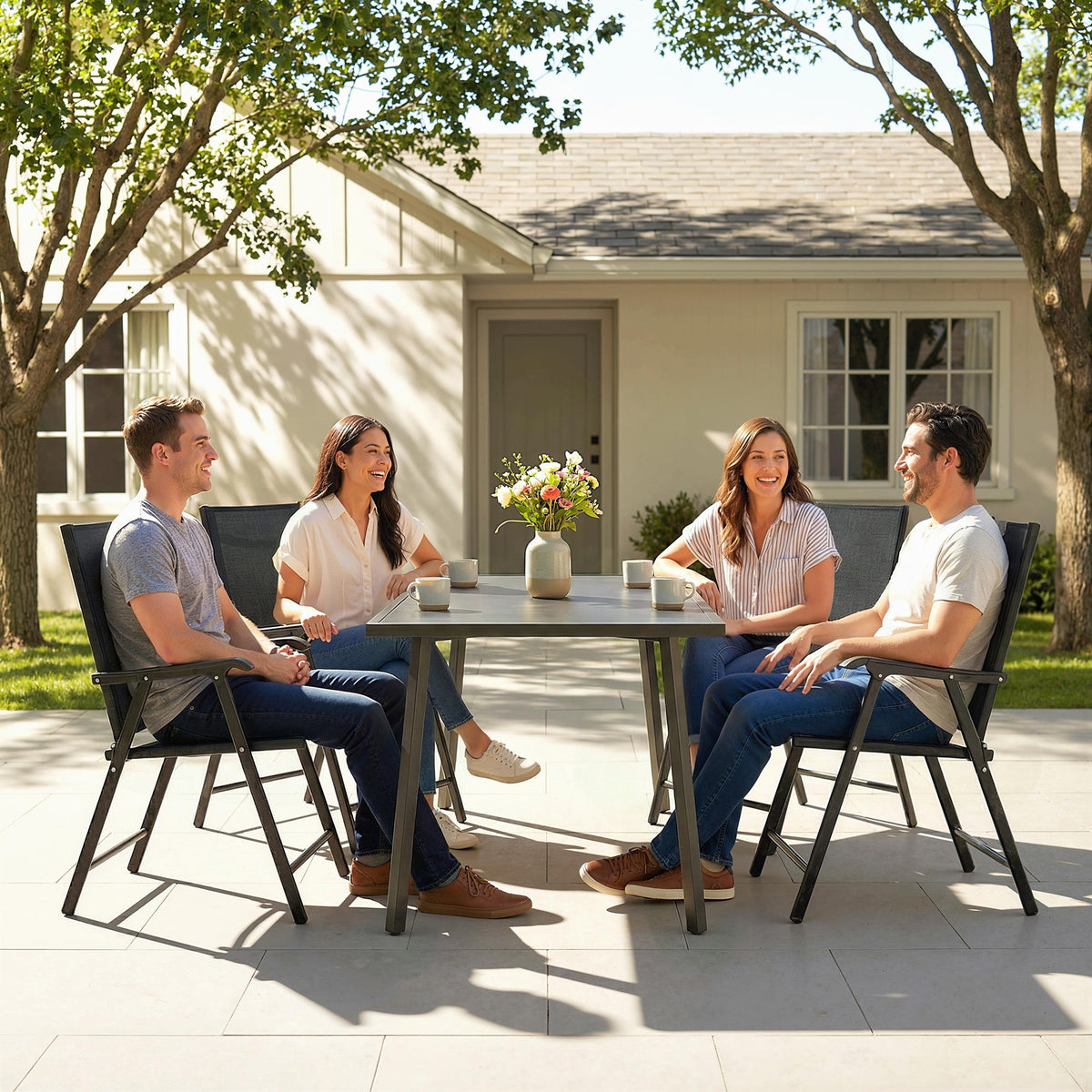 Set of 4 Folding Garden Chairs with High Back and Armrests, Black