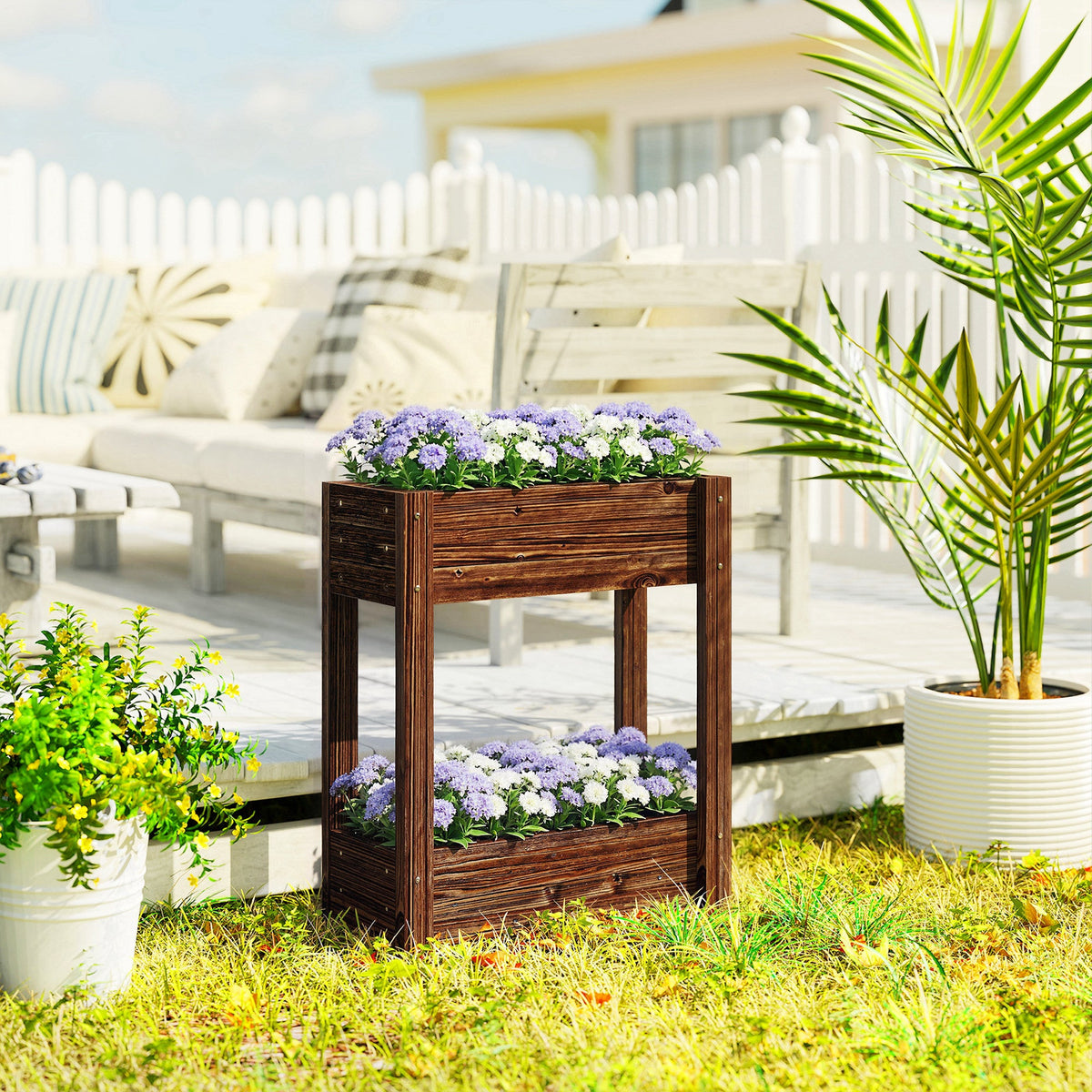 2-Tier Wooden Raised Planter with Liner, 60 x 25 x 70 cm