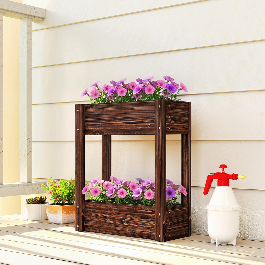 2-Tier Wooden Raised Planter with Liner, 60 x 25 x 70 cm